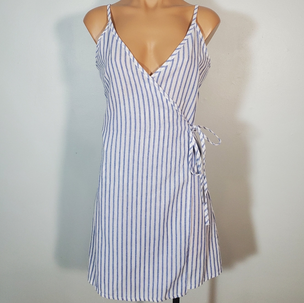 White & Blue Vertial Striped Wrap Dress